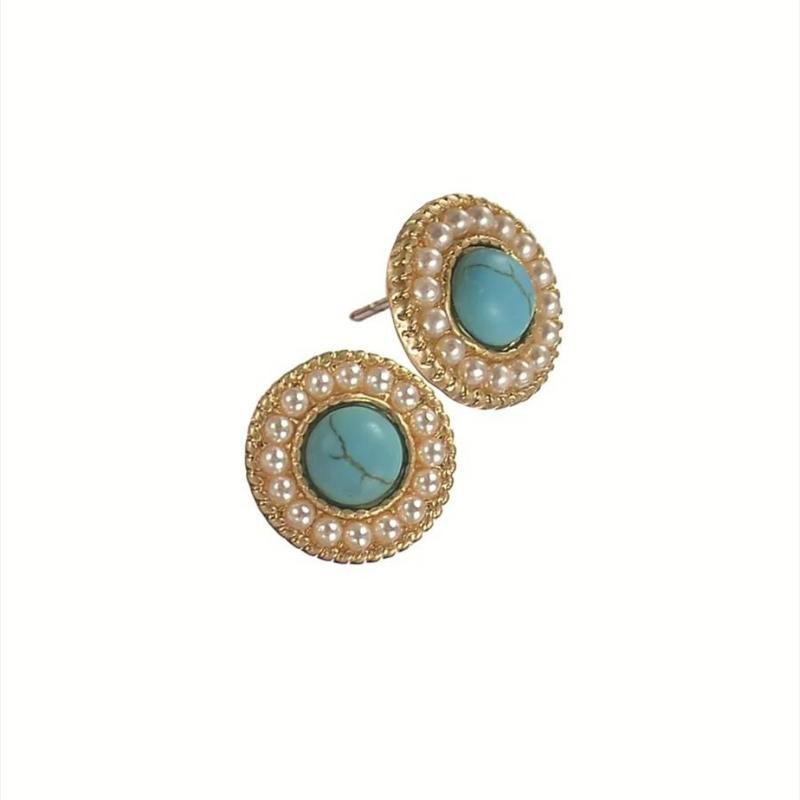 Hot Tomato  Vintage Style Studs - Gold/Turq W/Pearl Setting