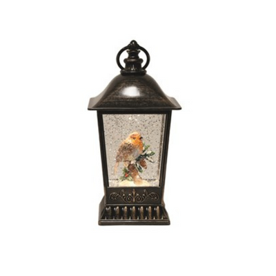 LED Glitter Water Spinner With Robin Brushed Gold Lantern 27cm MULVEYS.IE