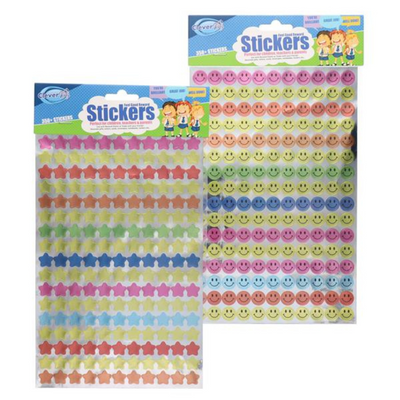 Clever Kidz Pkt.350 Stars & Smileys Stickers 2 Asst. mulveys.ie nationwide shipping