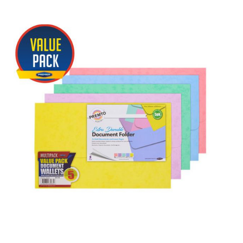 Premto Pastel Pkt.5 Extra Durable Cardboard Document Wallets  www.mulveys.ie Nationwide Shipping