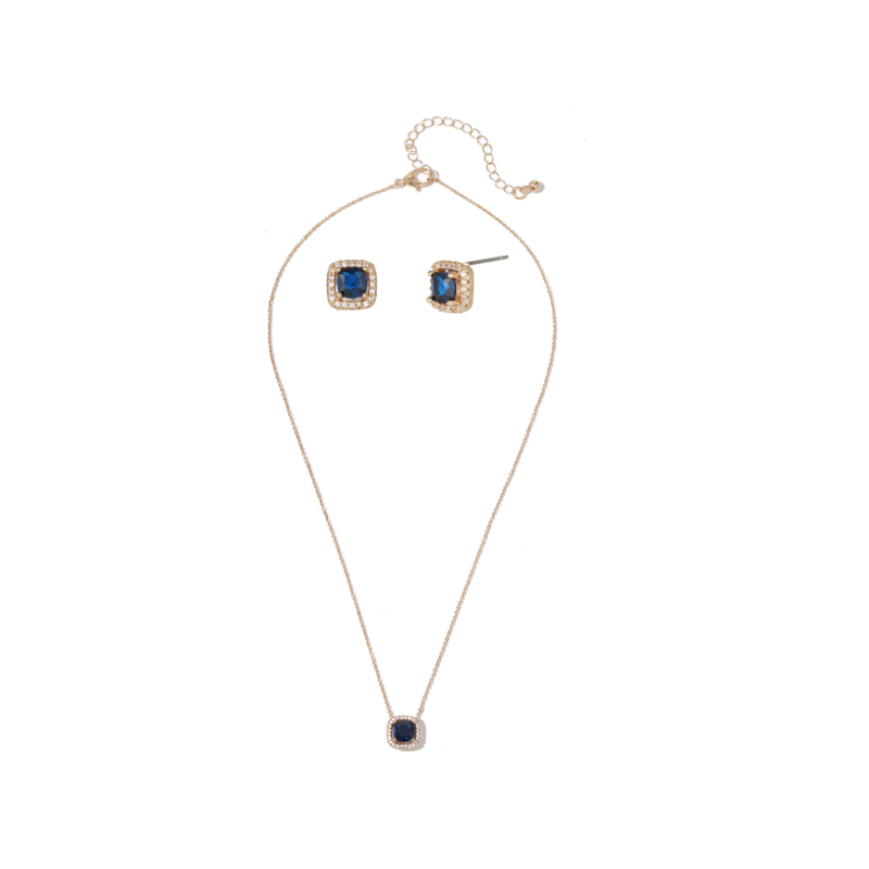 CUSHION HALO NECKLACE & EARRING SET GOLD. Mulveys.ie