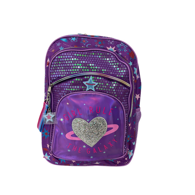Purple backpack with star pattern and 'Girl Rule the Galaxy' . Mulveys.ie