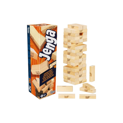 Jenga game set with tower and packaging on a white background. Mulveys.ie