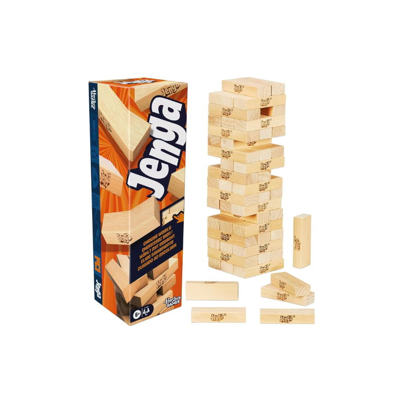 Jenga game set with tower and packaging on a white background. Mulveys.ie