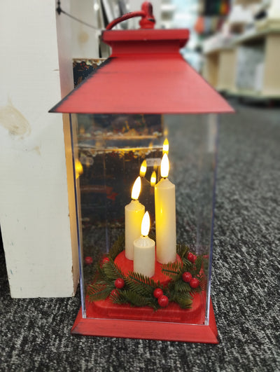 Red lantern with flameless candles Mulveys.ie