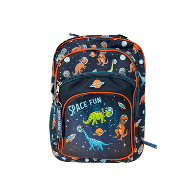 Backpack with space-themed design featuring dinosaurs and planets. Space fun schoolbag. Mulveys.ie