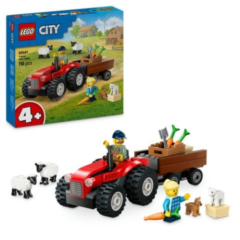 60461 Red Farm Tractor with Trailer & Sheep